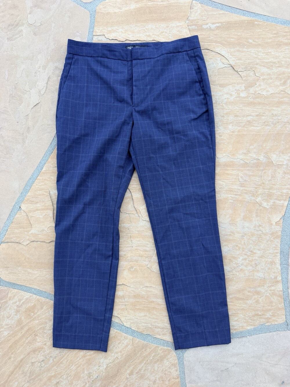 Zara Size 6 Plaid High Rise Skinny Ankle Trousers Blue Women TG